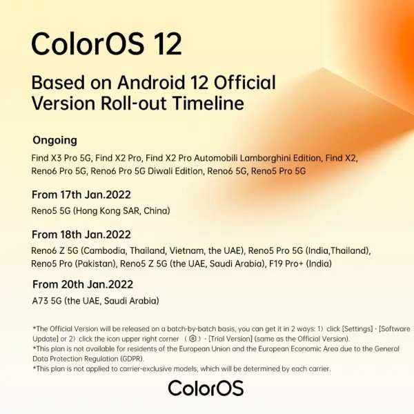 ColorOS 12 Güncelleme Planı - 2022 1. Çeyrek