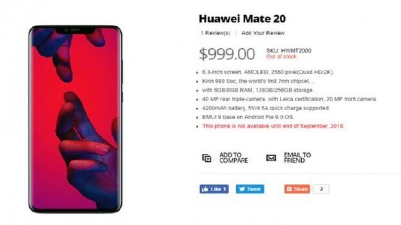 Huawei Mate 20 özellikleri ve fiyatı yanlışlıkla ortaya çıktı